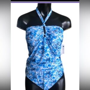 Robert Graham Blue Floral Halter Ruched Lined Swim Suit NWT Sz 12